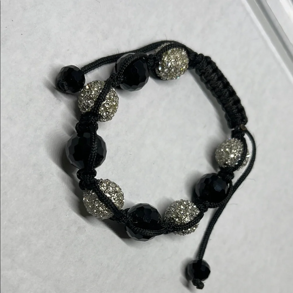 Adjustable Black glass and Silver tone pace rhinestone Beaded Bracelet